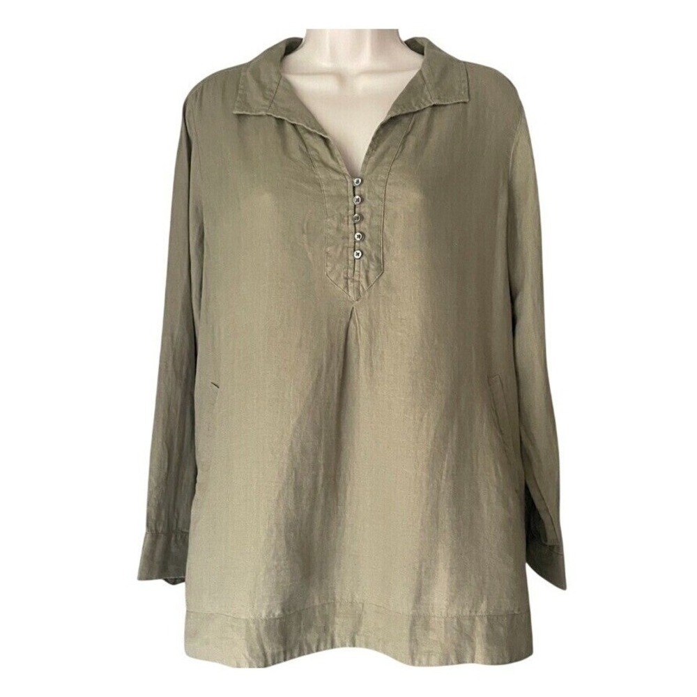 Love Linen by J.Jill 100% Linen Olive Tunic Top Petite M Roll Tab Sleeves Pocket